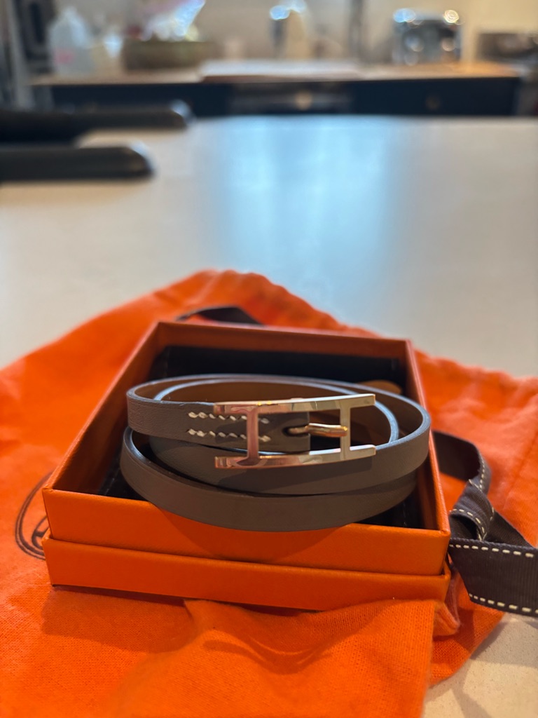 Hermes Taupe Double Tour Leather Bracelet With Silver H Buckle